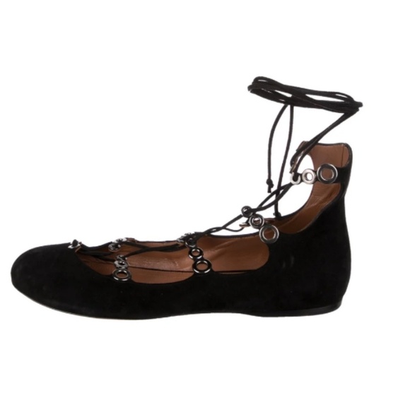 NEW Alaia Suede Eyelet Trim Ballet Flats Black Lace Up Grommets EUR 37.5 US 7 - Picture 1 of 11